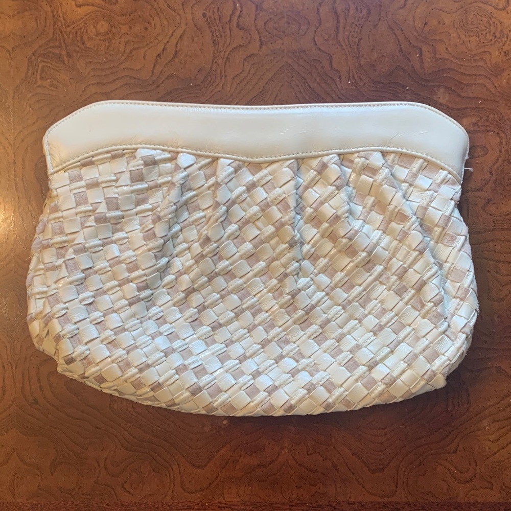 Vintage Morris Miskovitz Patchwork Woven White Leather Clutch